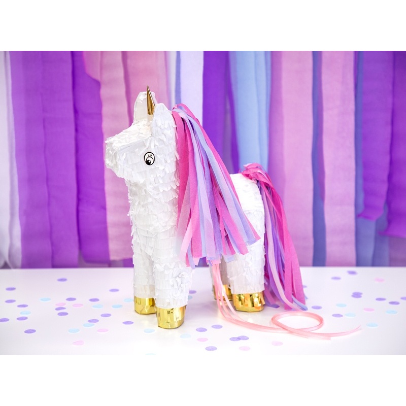 Foto detallada de piñata 3D de Unicornio blanco de 24,5 x 34 x 9 cm