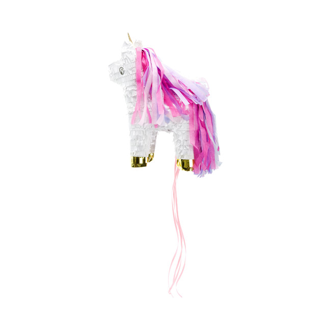 Vista frontal del piñata 3D de Unicornio blanco de 24,5 x 34 x 9 cm en stock