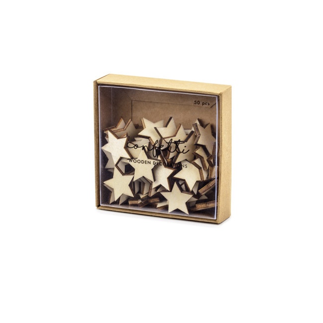 Foto detallada de confetti de madera con forma de estrella de 50 unidades