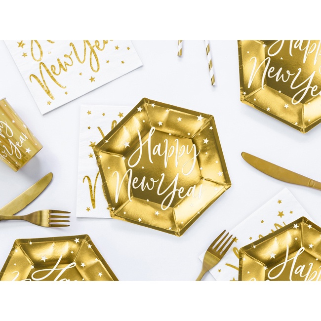 Foto detallada de platos de Happy New Year dorados de 18 cm - 6 unidades