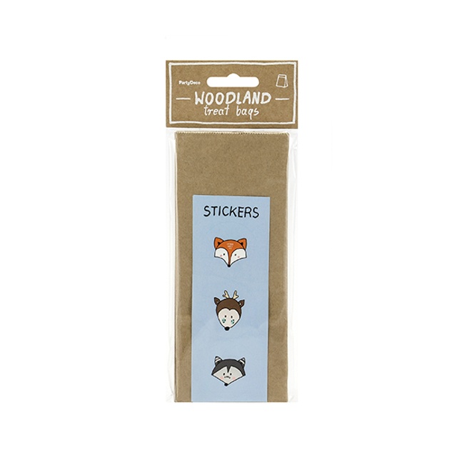 Pack 6 bolsas kraft para regalo. Animales del bosque. Incluye pegatinas.