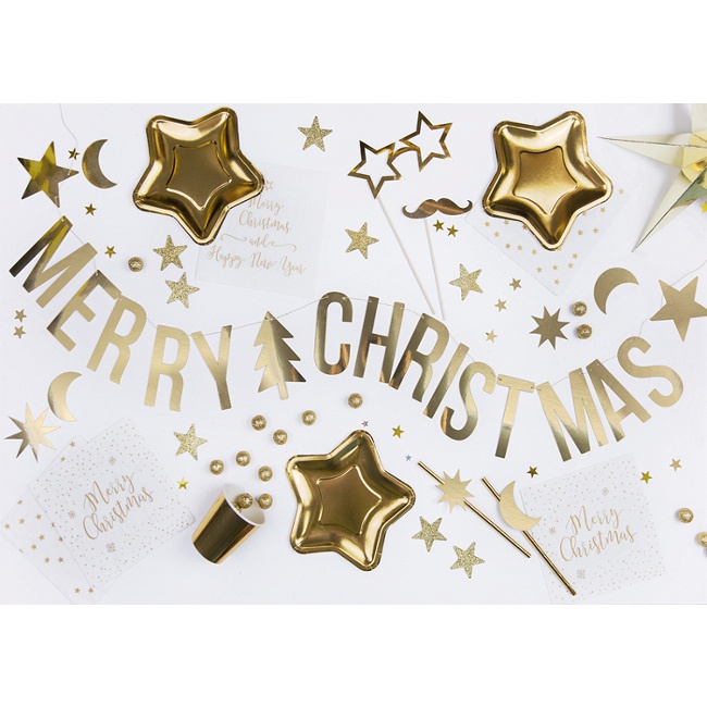 Foto detallada de guirnalda de Merry Christmas dorada con estrellas - 1,50 m