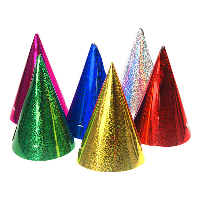 Vista frontal del sombreros de fiesta holográficos de colores surtidos - 20 unidades en stock