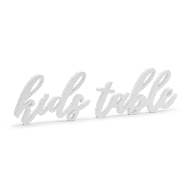 Vista delantera del letrero de madera kids table blanco - 38 x 10 cm en stock