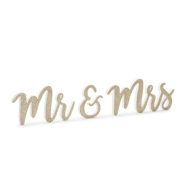 Vista principal del letrero de madera Mr and Mrs dorado en stock