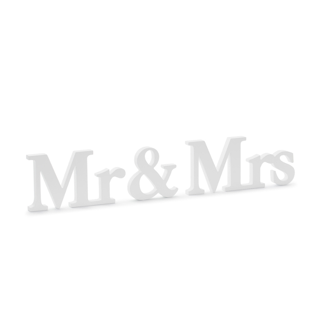 Vista frontal del letrero de madera Mr and Mrs blanco - 50 x 9,5 cm en stock