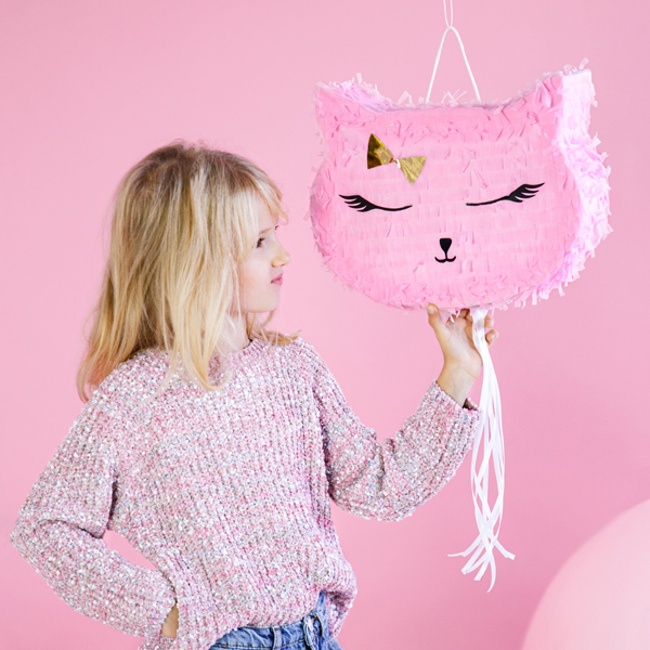 Foto detallada de piñata 3D de Gato rosa de 35 x 25 x 9 cm