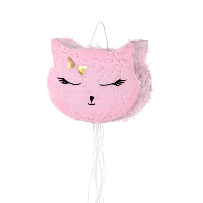 Vista frontal del piñata 3D de Gato rosa de 35 x 25 x 9 cm