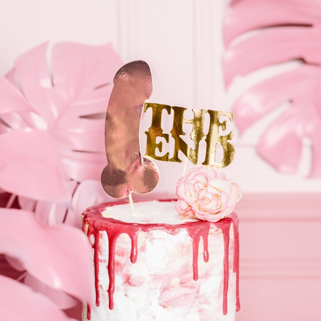 Foto detallada de topper para tarta The End dorado y pene rosa dorado - 2 piezas