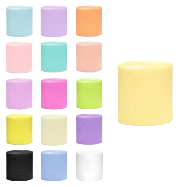 Vista frontal del papel pinocho de 10 m - 4 unidades en color aguamarina, amarillo pastel, azul pastel, blanco, crema suave, fucsia, lila, lila pastel, naranja, rosa, rosa pastel y verde lima