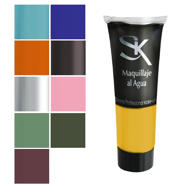 Vista principal del maquillaje al agua profesional en tubo de 30 ml en color amarillo, azul, azul marino, naranja, negro, plateado, rosa, verde, verde oscuro y violeta