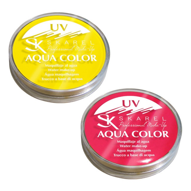 Vista delantera del maquillaje al agua profesional UV de 12 ml en color amarillo y rosa