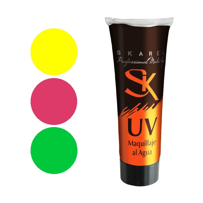 Vista principal del maquillaje al agua profesional en tubo UV de 30 ml en color amarillo, naranja, rosa y verde