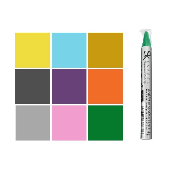 Vista frontal del maquillaje profesional en barra de 7,5 cm en color amarillo, azul, dorado, gris, morado, naranja, plateado, rosa pastel, verde y verde oscuro
