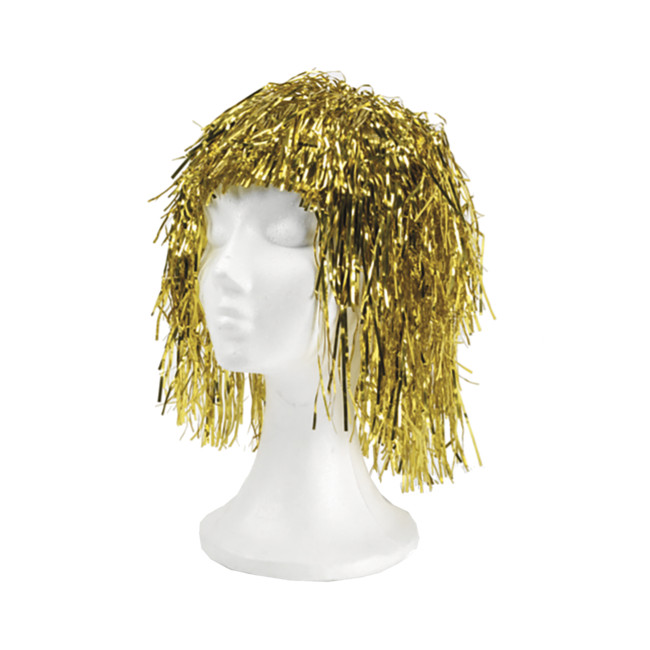 Vista principal del peluca brillante metalizada dorada en stock