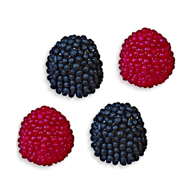 Vista frontal del moras negras y rojas - Fini jelly berries - 90 gr en stock