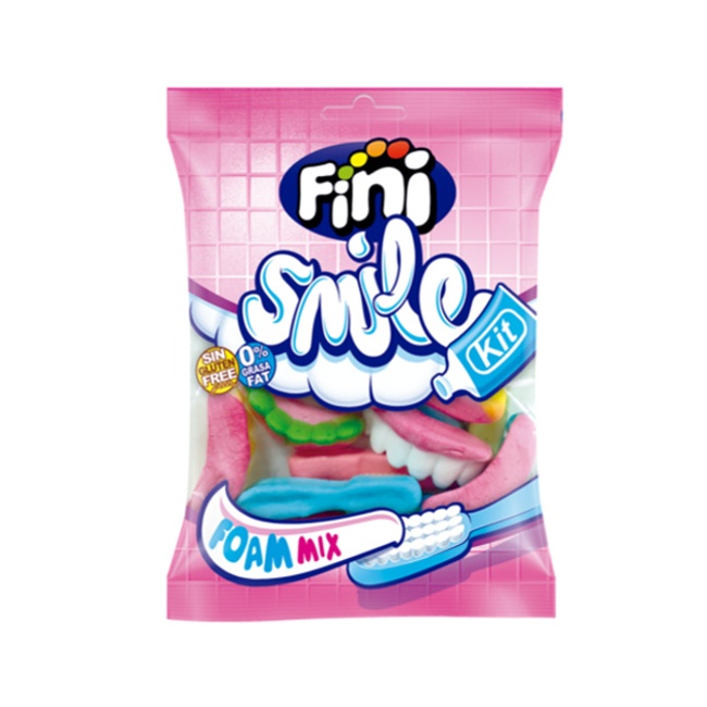 Vista delantera del cepillos de dientes y dentaduras de colores - Fini Smile Kit - 90 gr en stock