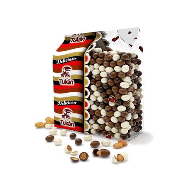 Vista delantera del mix de bolas y cacahuetes recubiertos de 3 chocolates - 1 kg en stock