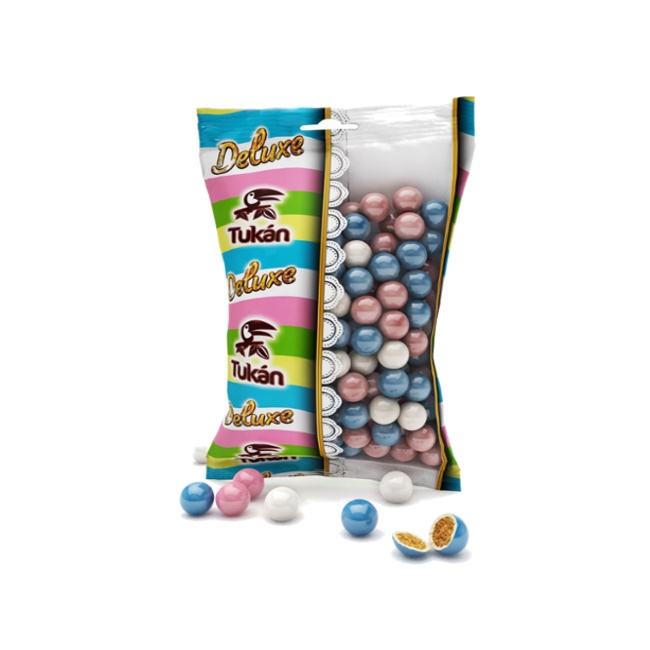 Vista delantera del mini bolas de cereal recubiertas de chocolate, colores blanco, rosa y azul - 85 gr