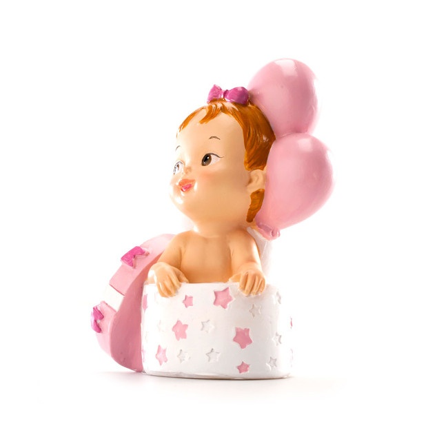 Foto detallada de figura para tarta de bautizo de bebé con regalo rosa - 11 x 8 cm