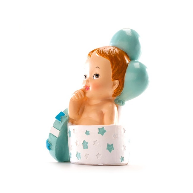 Foto detallada de figura para tarta de bautizo de bebé con regalo azul - 11 x 8 cm