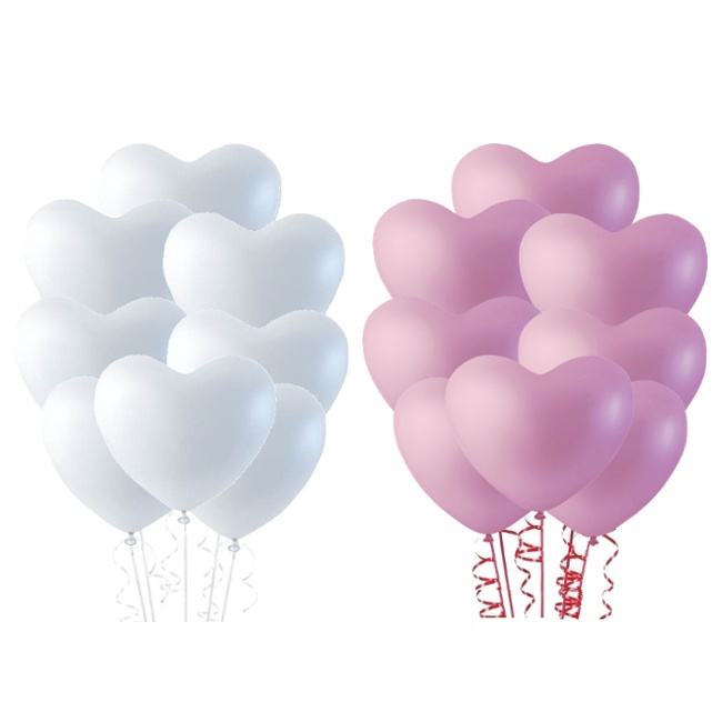 Vista frontal del globos de látex sólidos de 25 cm de corazón - Globos Nordic - 6 unidades en color blanco y rosa