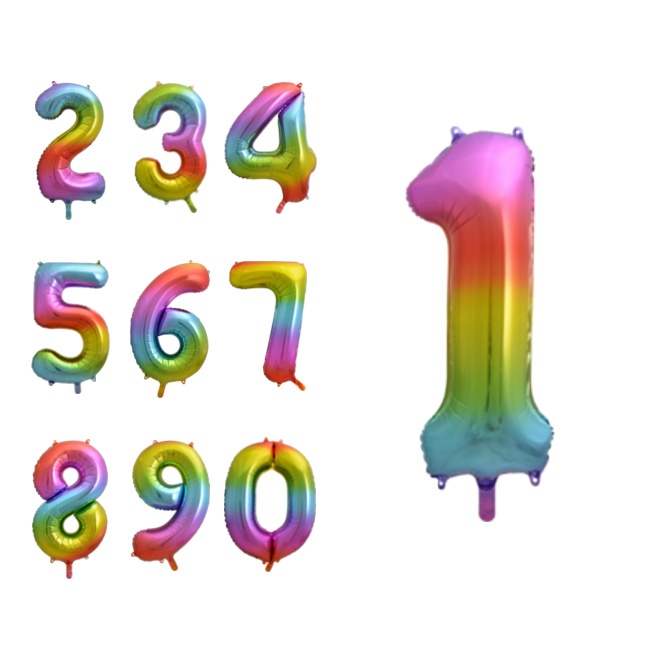 Vista frontal del globo de número arcoíris de 41 cm en stock