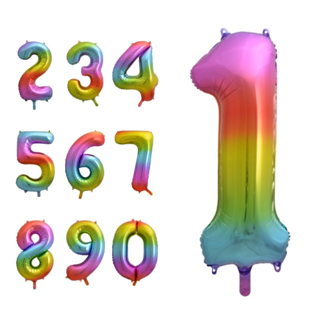 Vista delantera del globo de número arcoíris de 86 cm - Globos Nordic en stock