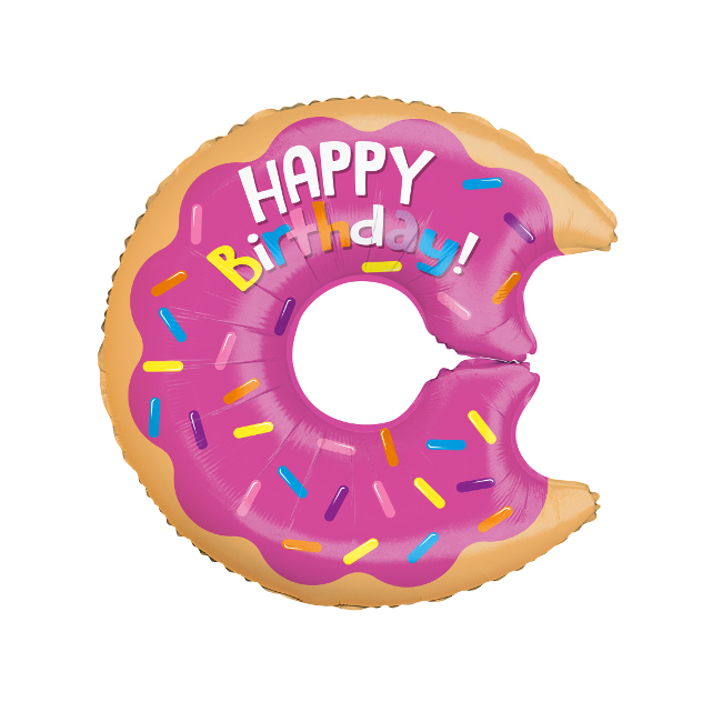 Vista delantera del globo silueta XL de Donuts happy birthday de 71 cm en stock