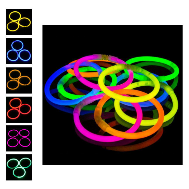 Vista frontal del pulseras luminosas - 100 unidades en color amarillo, azul, multicolor, naranja, rojo, rosa y verde