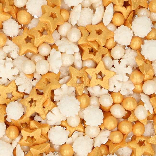 Vista principal del sprinkles de figuras doradas y blancas de 50 gr - FunCakes