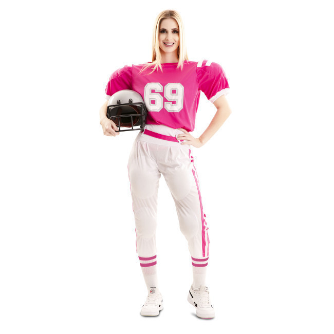 Vista frontal del disfraz de jugadora de Fútbol Americano rosa en talla M-L