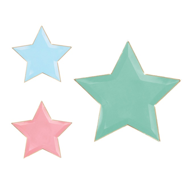 Vista delantera del platos de estrella de 27 cm - 6 unidades en color aguamarina, azul y rosa