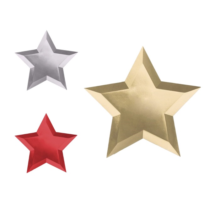 Vista principal del platos de estrella metalizados de 27 cm - 6 unidades en color dorado, plateado y rojo