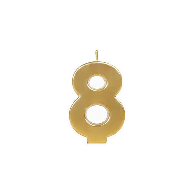 Vista frontal del vela de número oro metalizado de 8 cm en stock