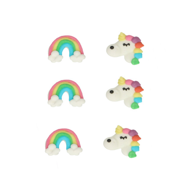 Vista frontal del figuras de azúcar de unicornios y arcoíris - FunCakes - 12 unidades en stock