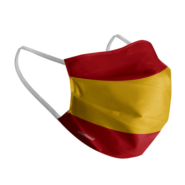 Vista delantera del mascarilla higiénica reutilizable de la bandera de España en stock