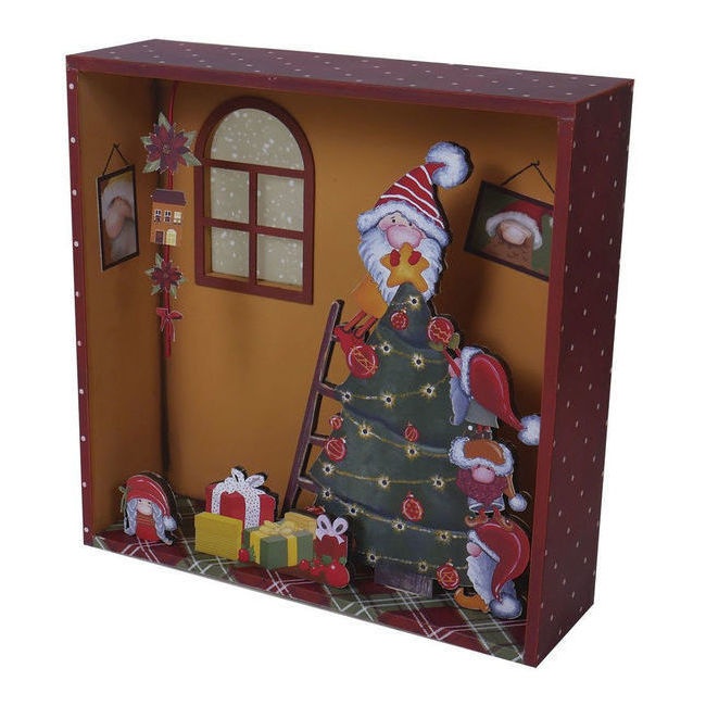 Foto detallada de figura de madera de escena navideña con árbol y gnomos en bastidor 25 x 7,5 cm - Artis decor