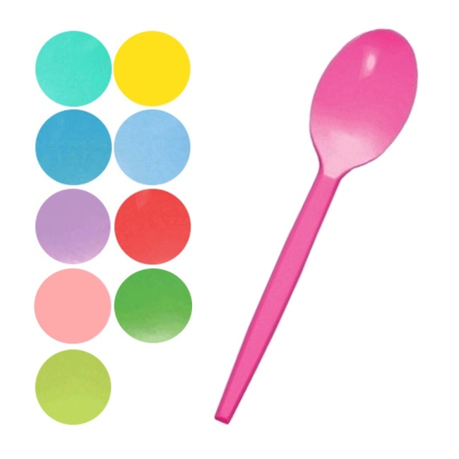 Vista frontal del cucharas de 16,5 cm - Maxi Products - 15 unidades en color aguamarina, amarillo, azul, azul pastel, fucsia, lavanda, rojo, rosa, verde y verde lima