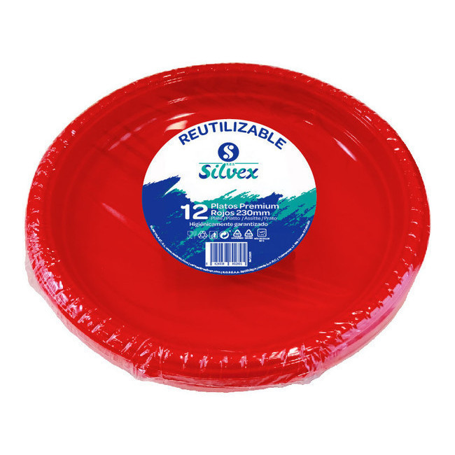Vista principal del platos redondos de 23 cm reutilizables - Silvex - 12 unidades en color blanco, celeste, fucsia, lila y rojo