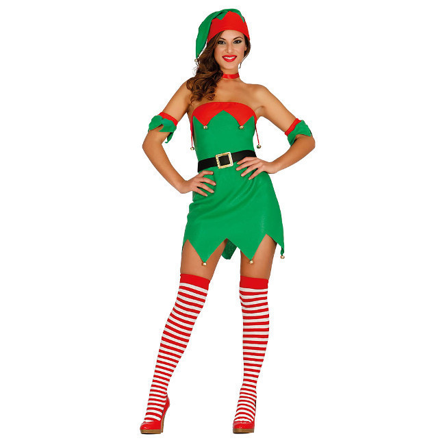 Vista frontal del disfraz de elfo de Navidad sin mangas en stock