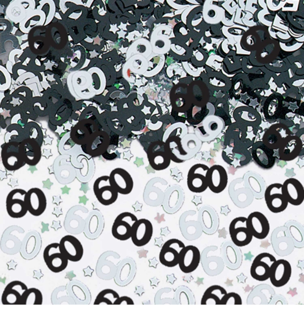 Vista frontal del confetti de cumpleaños negro y plata de 14 gr en stock