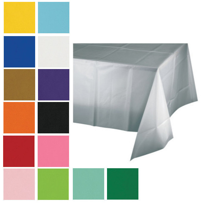 Vista principal del mantel de plástico extra fino de 2,74 x 1,37 cm - 1 unidad en color amarillo, azul bebé, azul marino, blanco, dorado, lila, naranja, negro, plateado, rojo, rosa, rosa bebé, verde, verde menta y verde oscuro