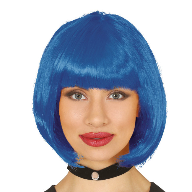 Vista frontal del peluca corta en color amarillo, azul, blanco, castaño, naranja, negro, rojo, rosa, rubio y verde