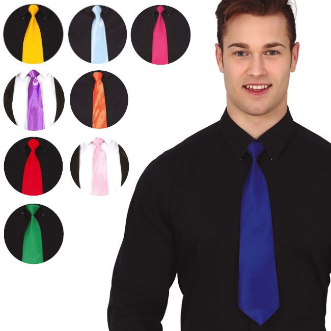 Vista delantera del corbata lisa en color amarillo, azul, azul cielo, fucsia, lila, naranja, rojo, rosa y verde