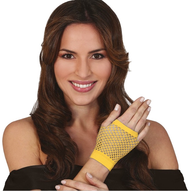 Vista principal del guantes cortos de rejilla de 11 cm en color amarillo, amarillo neón, azul, blanco, fucsia neón, naranja neón, negro, rojo y verde neón