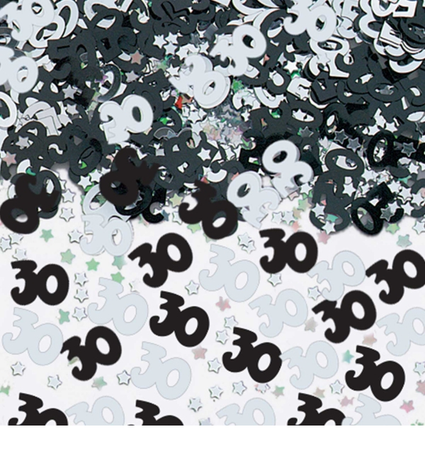 Vista frontal del confetti de cumpleaños negro y plata de 14 gr en stock