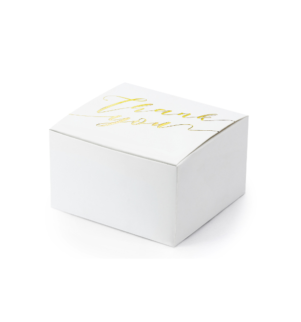 Vista delantera del caja cuadrada blanca thank you de 6 cm - 10 unidades en color dorado y rosa dorado