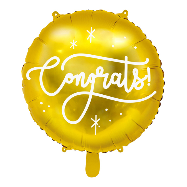 Vista delantera del globo redondo de Congrats dorado de 35 cm - PartyDeco en stock