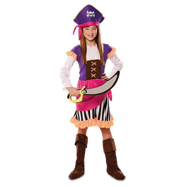 Vista frontal del disfraz de pirata aventurera morado en tallas 3 a 9 años
